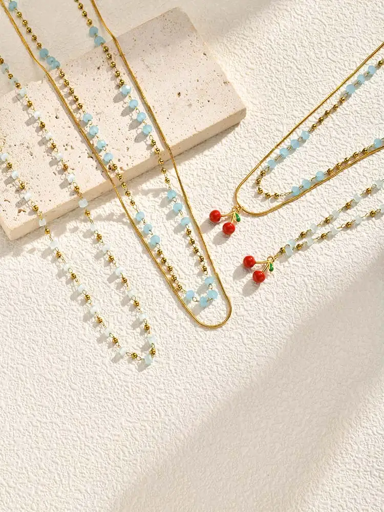 Light Blue Stainless Steel Beads Snake Chain Double-Layer Necklace for Women, Gold Plated Adjustable Dainty Cherry Jewelry Gift
Light Blue Stainless Steel Beads Snake Chain Double-Layer Necklace for Women, Gold Plated Adjustable Dainty Cherry Jewelry Gift