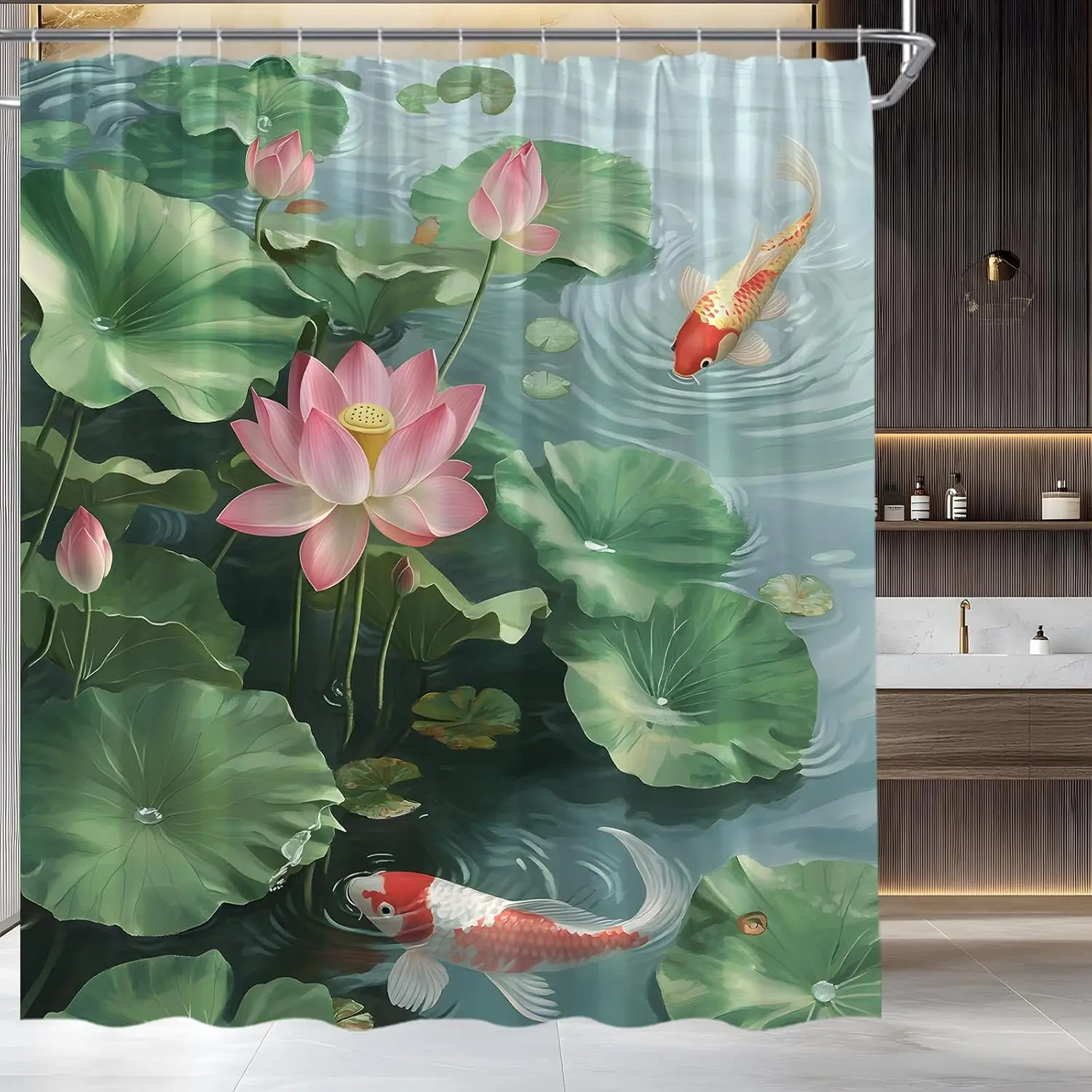 Koi Fish and Lotus Pond Shower Curtain, Water Lily and Green Leaves, Waterproof Fabric Bath Curtain for Serene Japanese Decor
Koi Fish and Lotus Pond Shower Curtain, Water Lily and Green Leaves, Waterproof Fabric Bath Curtain for Serene Japanese Decor