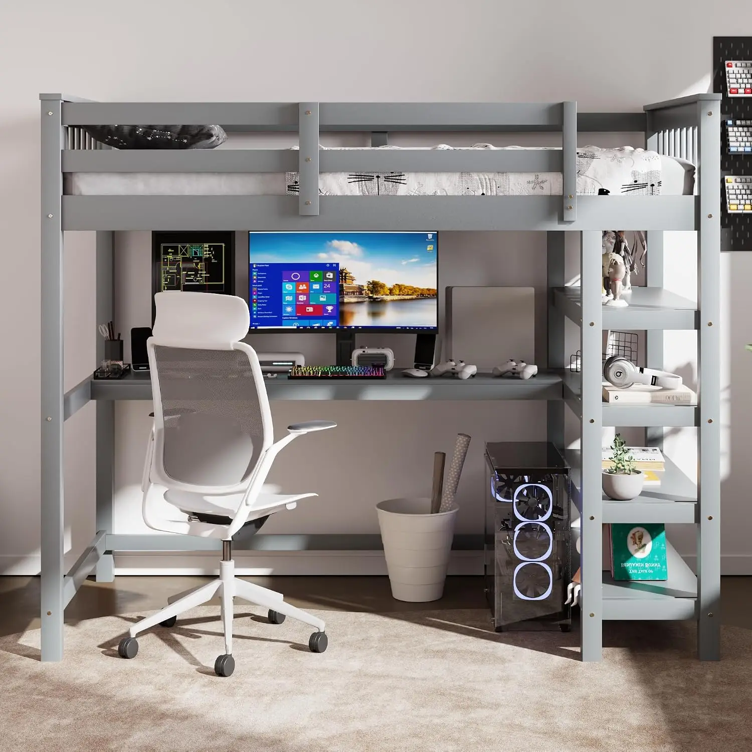 Wood Loft Bed with Desk : Twin Size Loft Bed with 4-Storage Shelves and Under Bed Desk Solid Wood Bed, Grey, Customized
Wood Loft Bed with Desk : Twin Size Loft Bed with 4-Storage Shelves and Under Bed Desk Solid Wood Bed, Grey, Customized
