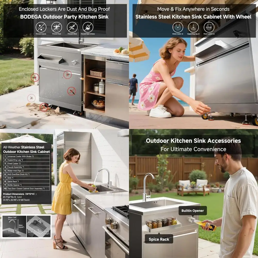 StainlSteel Outdoor Kitchen Sink Cabinet, Outdoor Sink With Hose Hook Up,Single Bowl Kitchen Sinks With Brake Wheels & Spice Rac
StainlSteel Outdoor Kitchen Sink Cabinet, Outdoor Sink With Hose Hook Up,Single Bowl Kitchen Sinks With Brake Wheels & Spice Rac