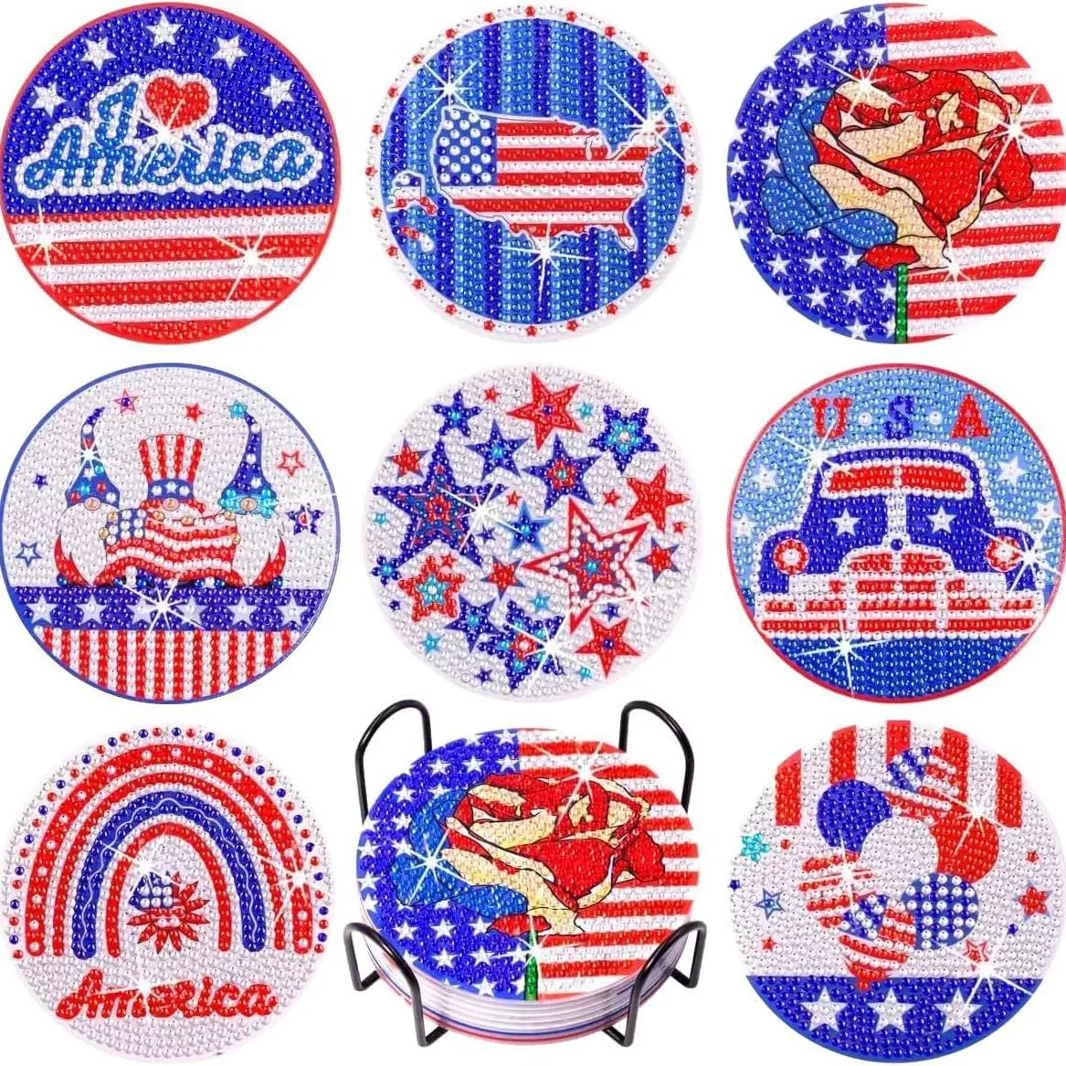 8-piece Patriotic Diamond Painted Coaster Set with Stand, Crystal Art Set, Independence Day Gift, Home Decoration Gift
8-piece Patriotic Diamond Painted Coaster Set with Stand, Crystal Art Set, Independence Day Gift, Home Decoration Gift