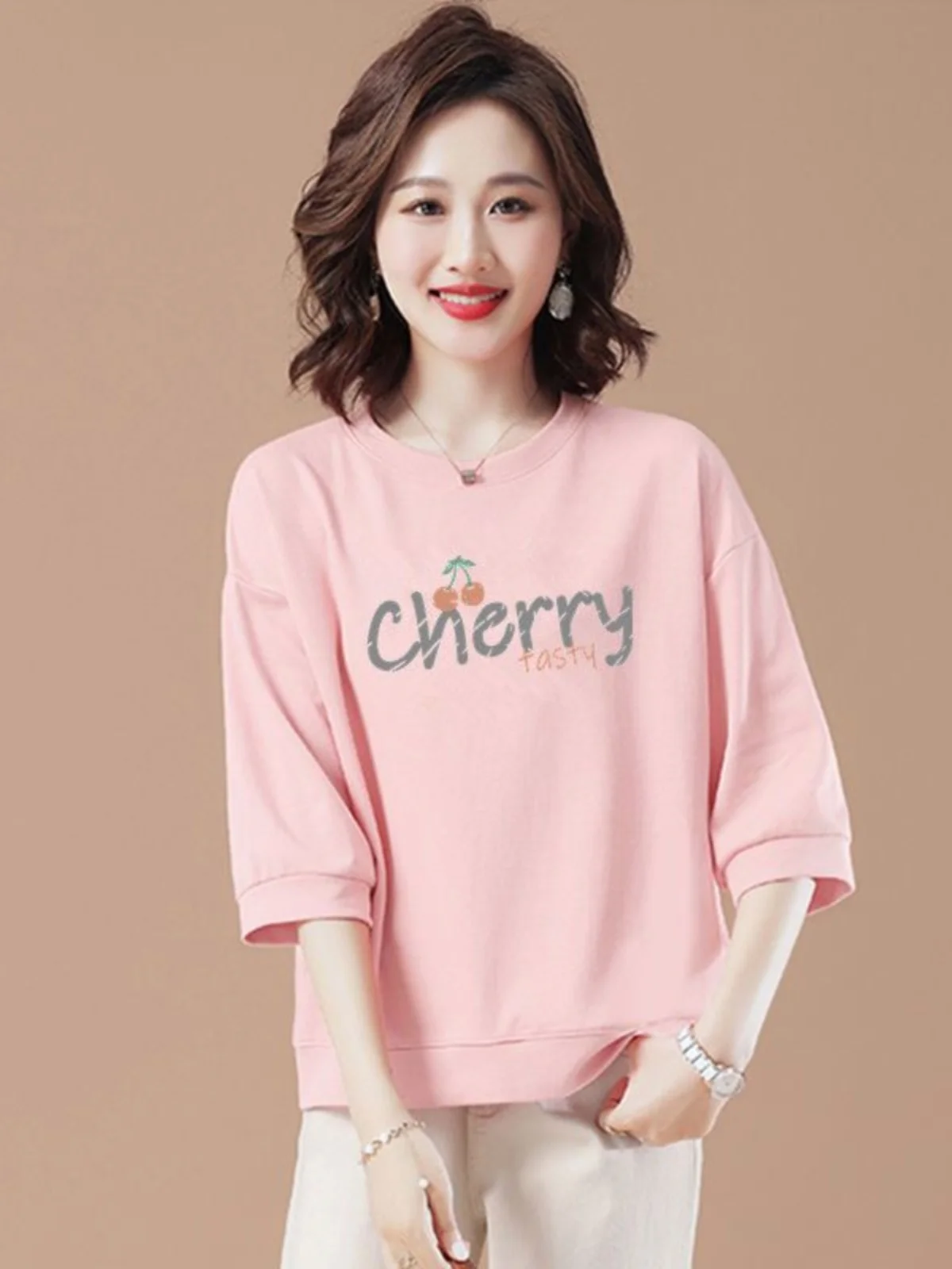 Summer Cotton Blend round Ne Sweatirt Women's Casual Loose Top Thin Faionable Five-Quarter Sve T-irt Korean Sle
Summer Cotton Blend round Ne Sweatirt Women's Casual Loose Top Thin Faionable Five-Quarter Sve T-irt Korean Sle