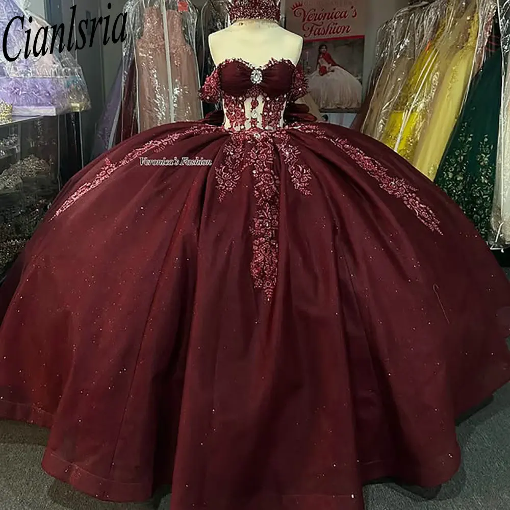 Dark Red Beading Crystal Bow Quinceanera Dresses Ball Gown Off The Shoulder Appliques Lace Sweet 15 Años Mexican Customized
Dark Red Beading Crystal Bow Quinceanera Dresses Ball Gown Off The Shoulder Appliques Lace Sweet 15 Años Mexican Customized