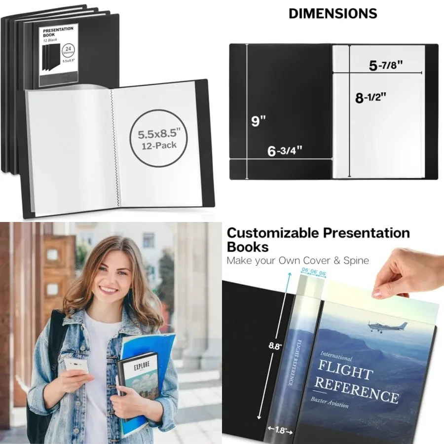 Small Presentation Book 5.5x8.5 (12-Pack, Black), 24 Pockets Display 48 Half Size Pages, Plastic Binders with Sleeves, 5.5 x 8.5 Mini Booklets, Acid-Free Poly
Small Presentation Book 5.5x8.5 (12-Pack, Black), 24 Pockets Display 48 Half Size Pages, Plastic Binders with Sleeves, 5.5 x 8.5 Mini Booklets, Acid-Free Poly
