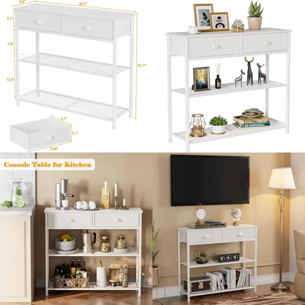 30-дюймовый белый консольный столик для прихожей с местом для хранения вещей, 2 ящиками и 2 полками для прихожей, гостиной и спальни
30-дюймовый белый консольный столик для прихожей с местом для хранения вещей, 2 ящиками и 2 полками для прихожей, гостиной и спальни