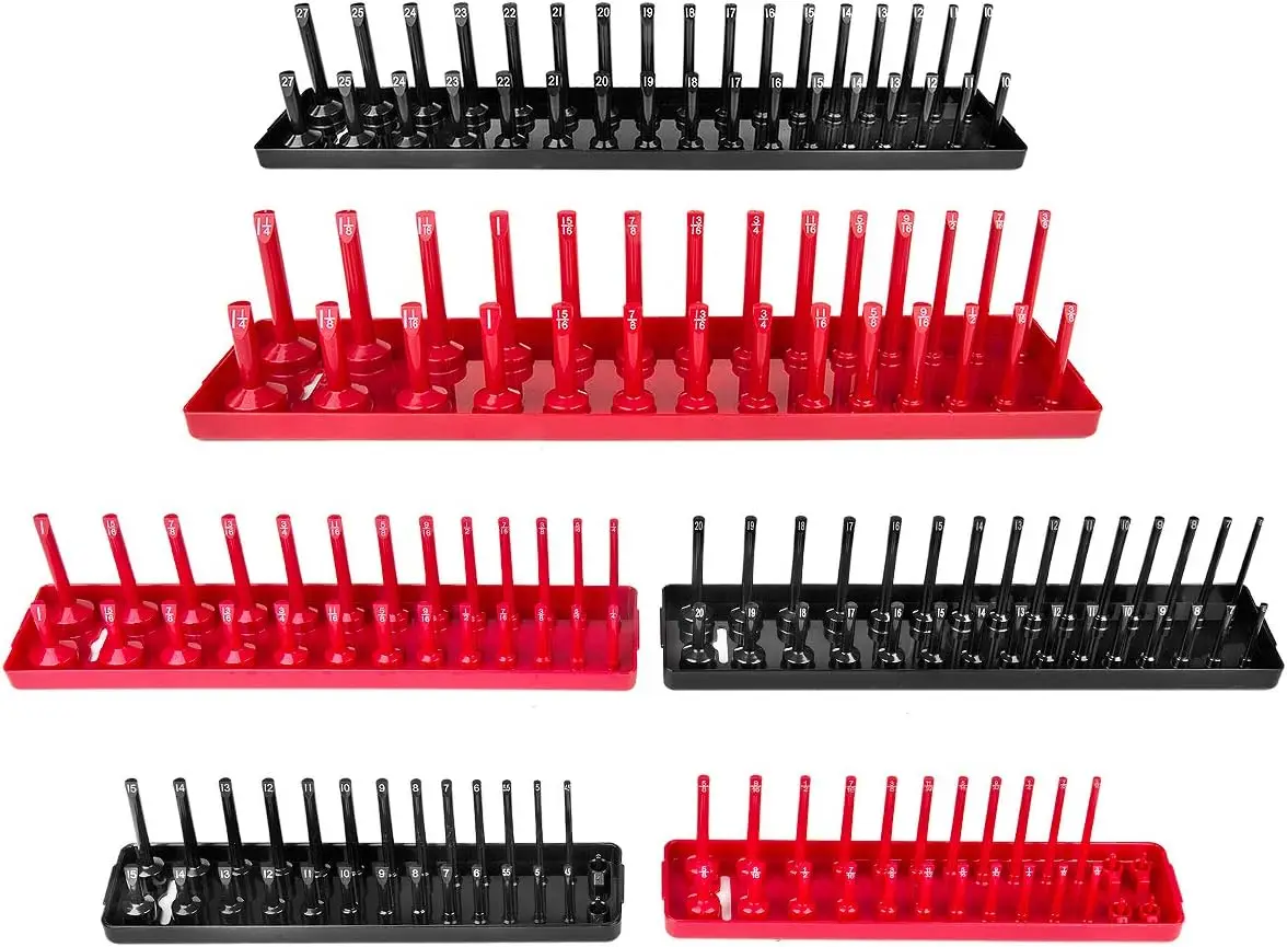 6PCS Socket Organizer Tray Set, Red SAE & Black Metric Socket Storage Trays for 1/4, 3/8, 1/2 Inch Drive Deep and Shallow
6PCS Socket Organizer Tray Set, Red SAE & Black Metric Socket Storage Trays for 1/4, 3/8, 1/2 Inch Drive Deep and Shallow