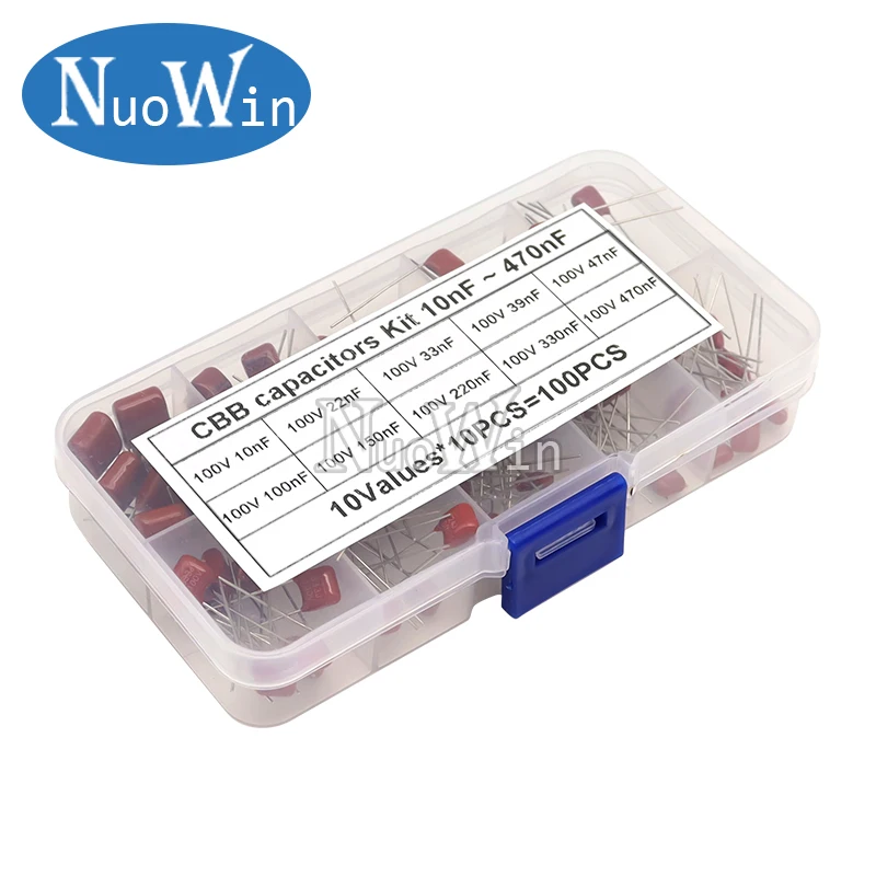 100PCS 100V 10values*10pcs 10nF-0.47UF 470nF Metallized Polyester Film Capacitor Assortment Kit CBB Capacitance Set
100PCS 100V 10values*10pcs 10nF-0.47UF 470nF Metallized Polyester Film Capacitor Assortment Kit CBB Capacitance Set