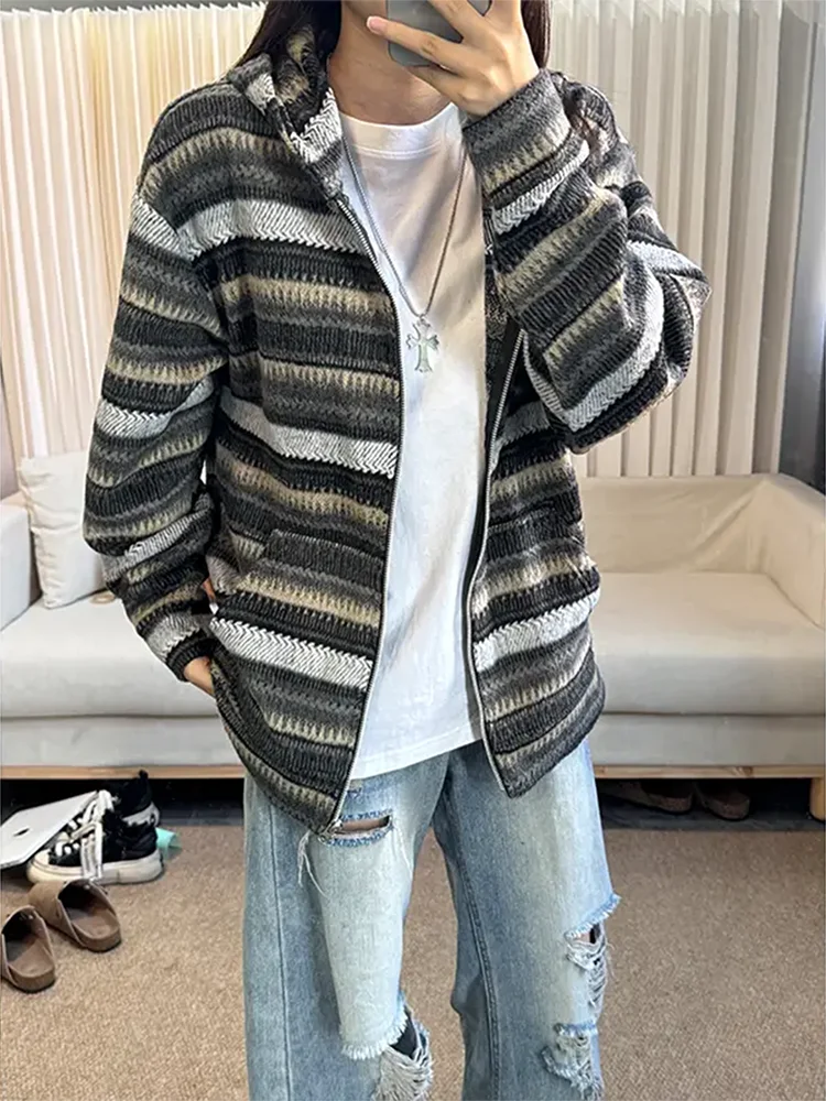 American Retro Striped Open Cardigan Sweatirt Men's Women's Loose Feeling Knitted Sweater Couple Hooded Jaet for Autumn
American Retro Striped Open Cardigan Sweatirt Men's Women's Loose Feeling Knitted Sweater Couple Hooded Jaet for Autumn