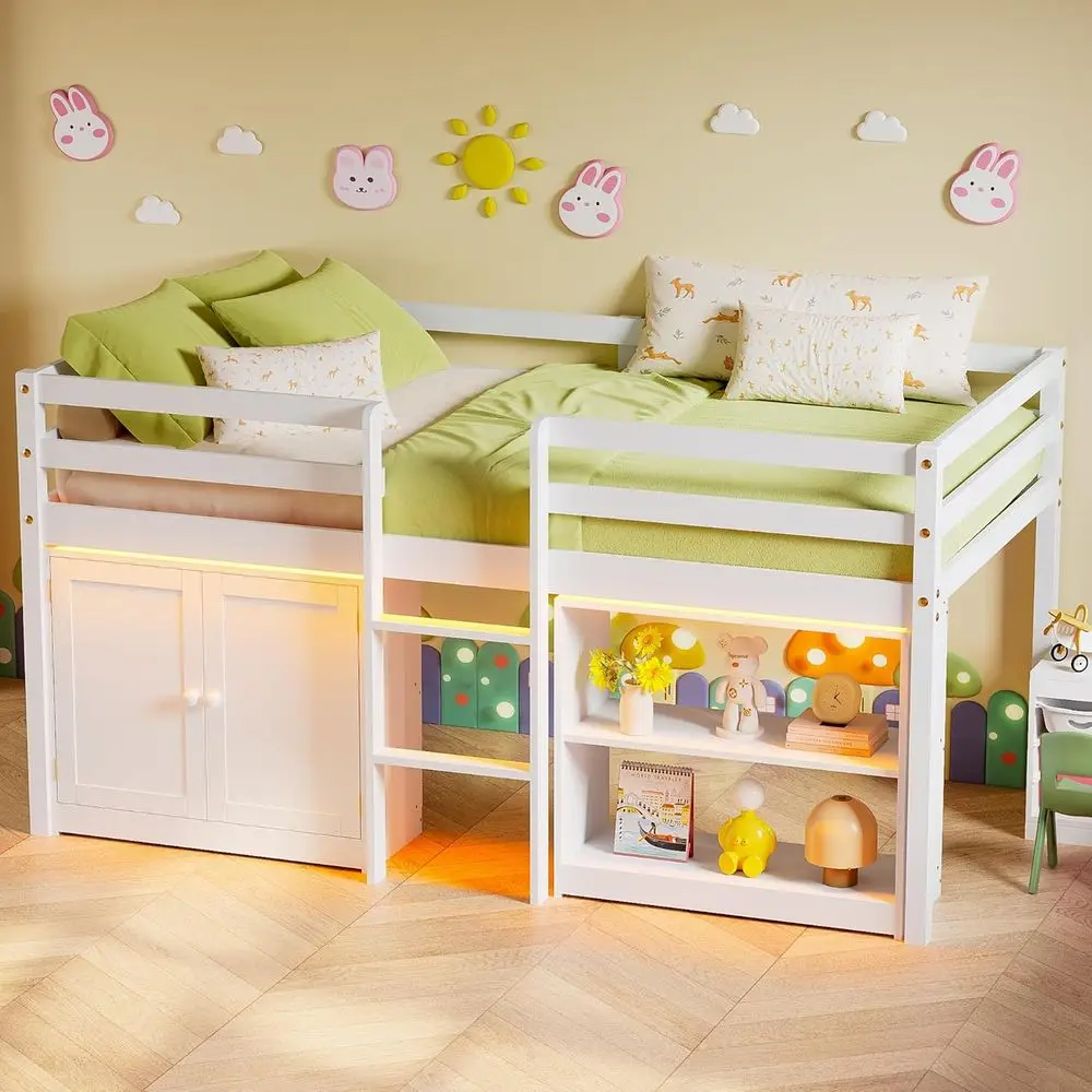 Twin Size Kids Loft Bed with Storage, Shelf, LED Lights, Safety Rail, Ladder, and Play Space, White
Twin Size Kids Loft Bed with Storage, Shelf, LED Lights, Safety Rail, Ladder, and Play Space, White