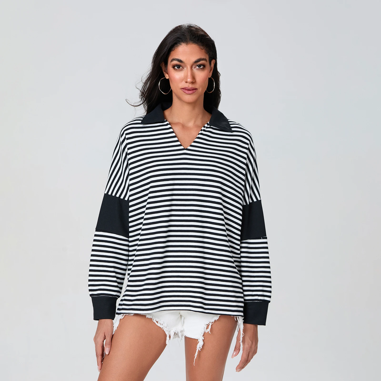 Women's Loose Sweatshirts Stripe Print V-Neck Turn Down Collar Long Sleeve Pullovers Spring Fall Casual Tops
Women's Loose Sweatshirts Stripe Print V-Neck Turn Down Collar Long Sleeve Pullovers Spring Fall Casual Tops