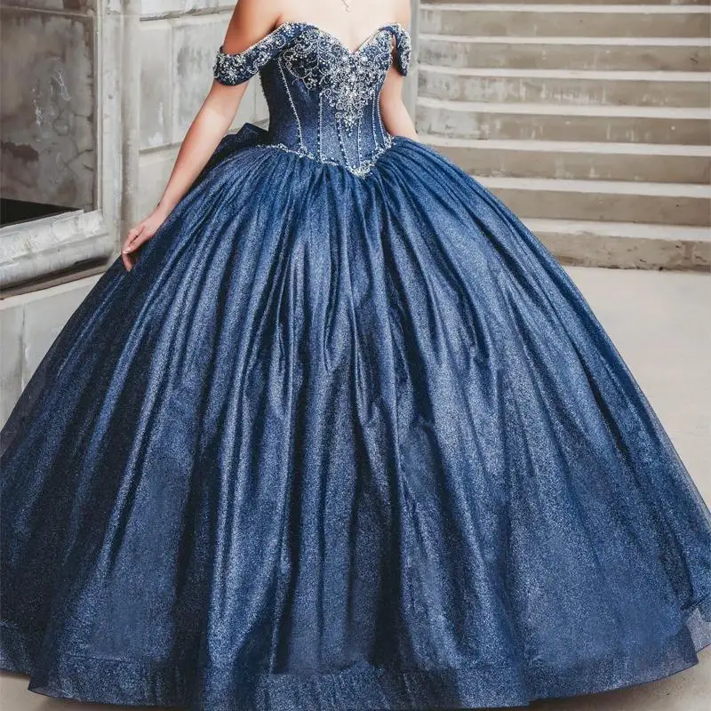 Navy Blue Shiny Quinceanera Dresses Off The Shoulder Princess Beads Crystal Bow Tull Sweet Birthday Party Gown Vestido De 15Anos
Navy Blue Shiny Quinceanera Dresses Off The Shoulder Princess Beads Crystal Bow Tull Sweet Birthday Party Gown Vestido De 15Anos
