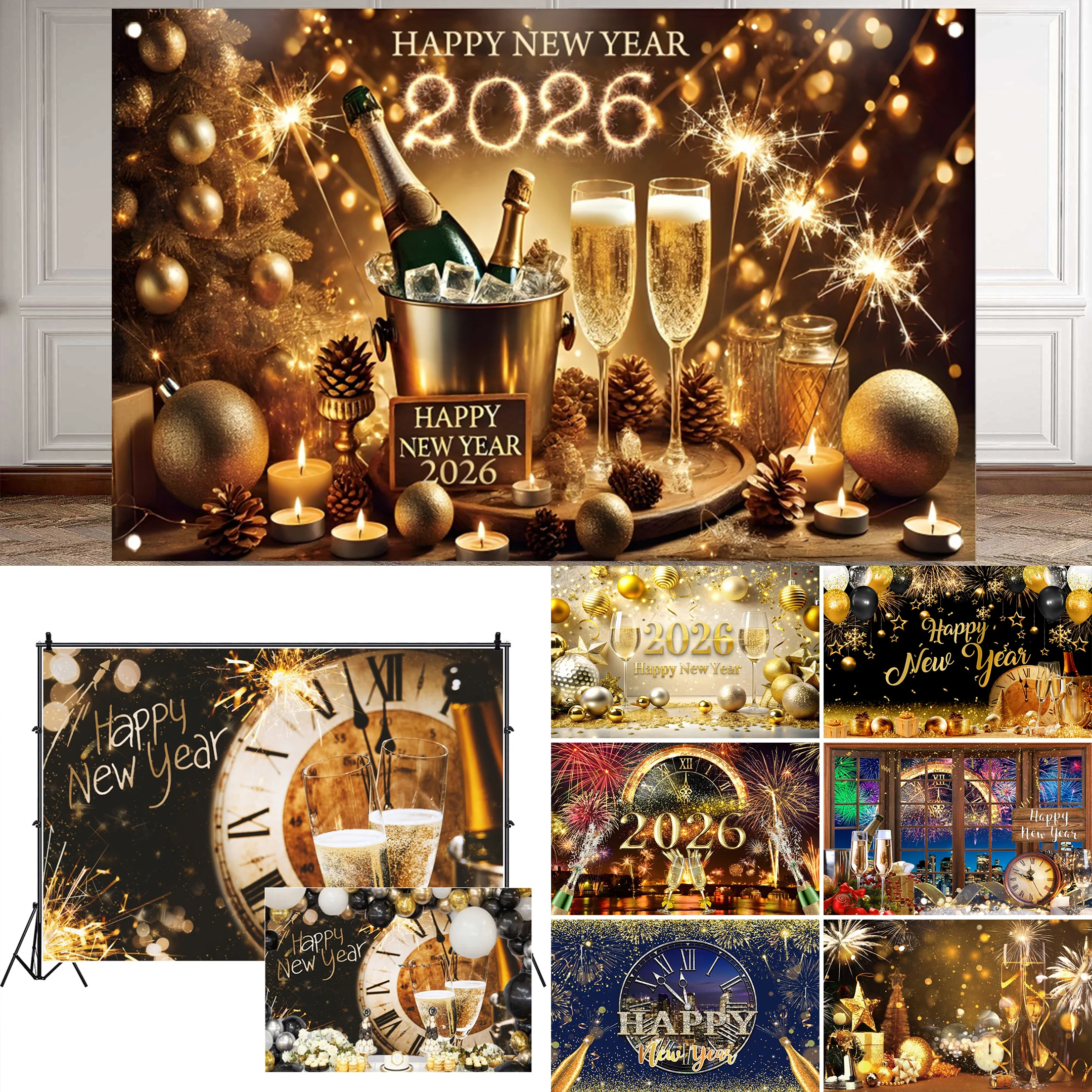 2026 New Year Background Gold Champagne New Year's Eve Firework Countdown Big Clock Glittering Gifts Family Photography Backdrop
2026 New Year Background Gold Champagne New Year's Eve Firework Countdown Big Clock Glittering Gifts Family Photography Backdrop