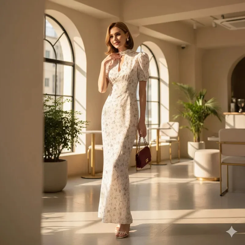 Elegant Women's Floral Print Midi Dress High Neck Keyhole Cut Out Puff Sleeve Bodycon Maxi Dress for Evening Party Office Wear
Elegant Women's Floral Print Midi Dress High Neck Keyhole Cut Out Puff Sleeve Bodycon Maxi Dress for Evening Party Office Wear
