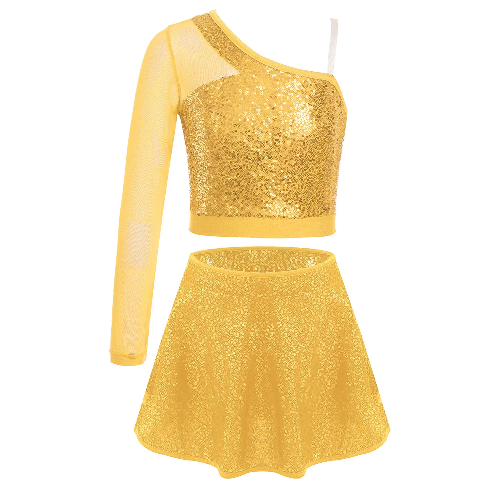 2Pcs Kids Girls Jazz Latin Dance Outfit Sheer Mesh One Shoulder Side Zipper Crop Top+Sequins Skirt Stage Performance Costume
2Pcs Kids Girls Jazz Latin Dance Outfit Sheer Mesh One Shoulder Side Zipper Crop Top+Sequins Skirt Stage Performance Costume