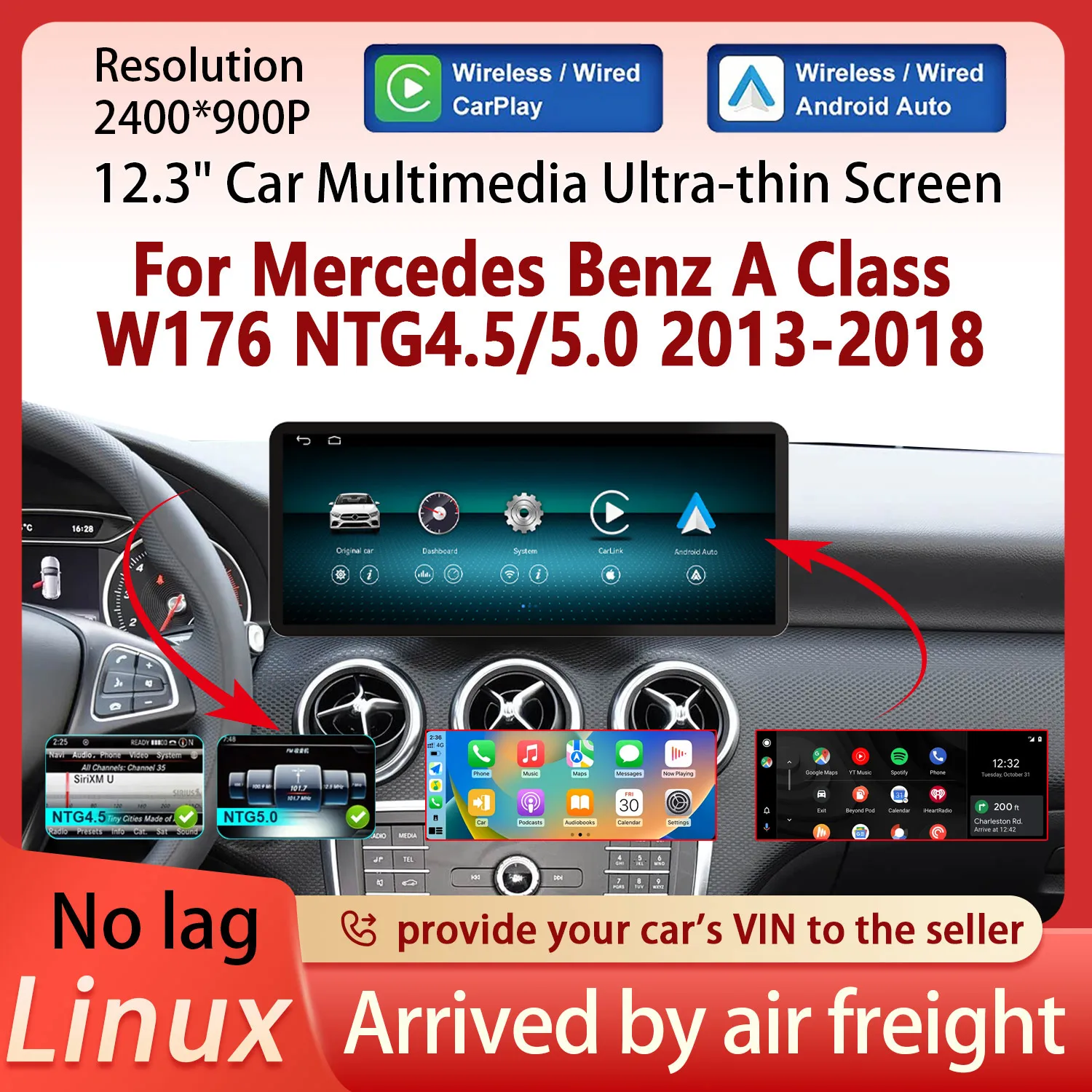 2400*900P For Mercedes Benz A Class W176 NTG 4.5 5.0 2013-2018 Wireless CarPlay Android Auto Car Multimedia Video Player Screen
2400*900P For Mercedes Benz A Class W176 NTG 4.5 5.0 2013-2018 Wireless CarPlay Android Auto Car Multimedia Video Player Screen