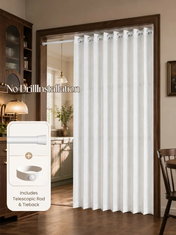 No Drill Doorway Curtain, Vertical Pleat Semi-Sheer Fabric with Telescopic Rod Set
No Drill Doorway Curtain, Vertical Pleat Semi-Sheer Fabric with Telescopic Rod Set