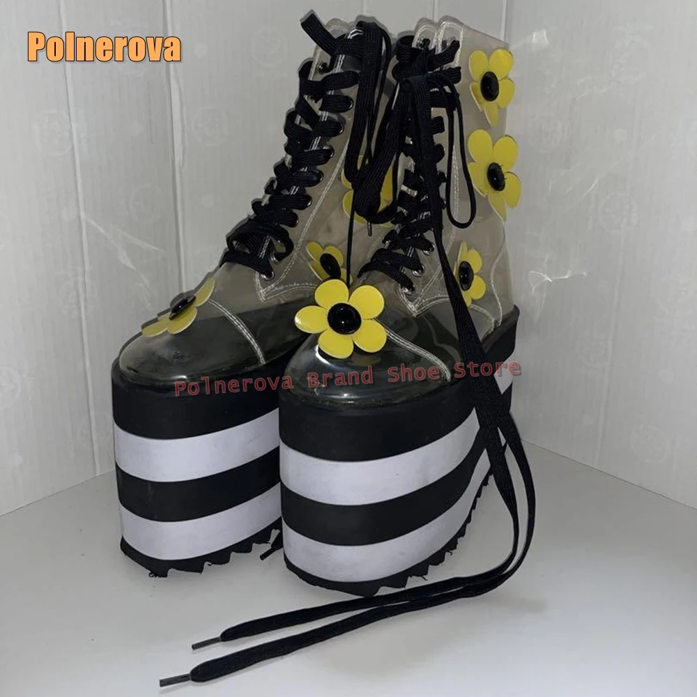 Transparent Pvc Platform Flower Combat Boots Round Toe Thick Sole Wedges Lace Up Patchwork Mid Calf Boot 2025 Nightclub Shoes
Transparent Pvc Platform Flower Combat Boots Round Toe Thick Sole Wedges Lace Up Patchwork Mid Calf Boot 2025 Nightclub Shoes