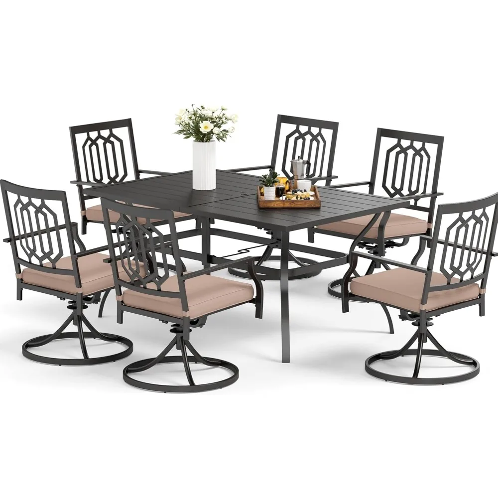 7 piece metal outdoor patio dining furniture set with 6 rotating armchairs and a larger rectangular table with steel frame slats
7 piece metal outdoor patio dining furniture set with 6 rotating armchairs and a larger rectangular table with steel frame slats