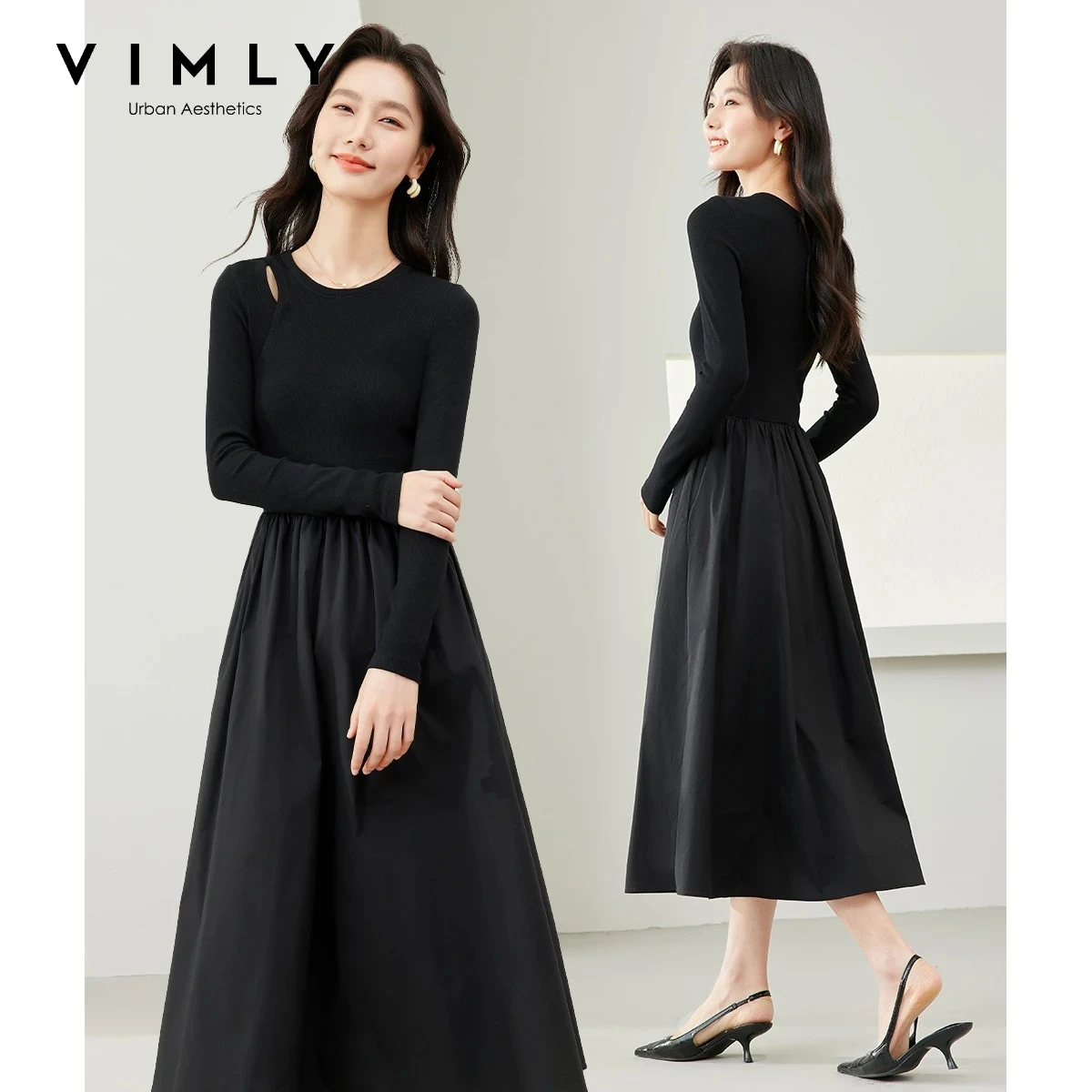 Vimly A-Line Black Dress for Woman 2026 Autumn Hollow Out Detail Round Neck Elastic Waist Slim Fit Elegant Party Dress M5682
Vimly A-Line Black Dress for Woman 2026 Autumn Hollow Out Detail Round Neck Elastic Waist Slim Fit Elegant Party Dress M5682