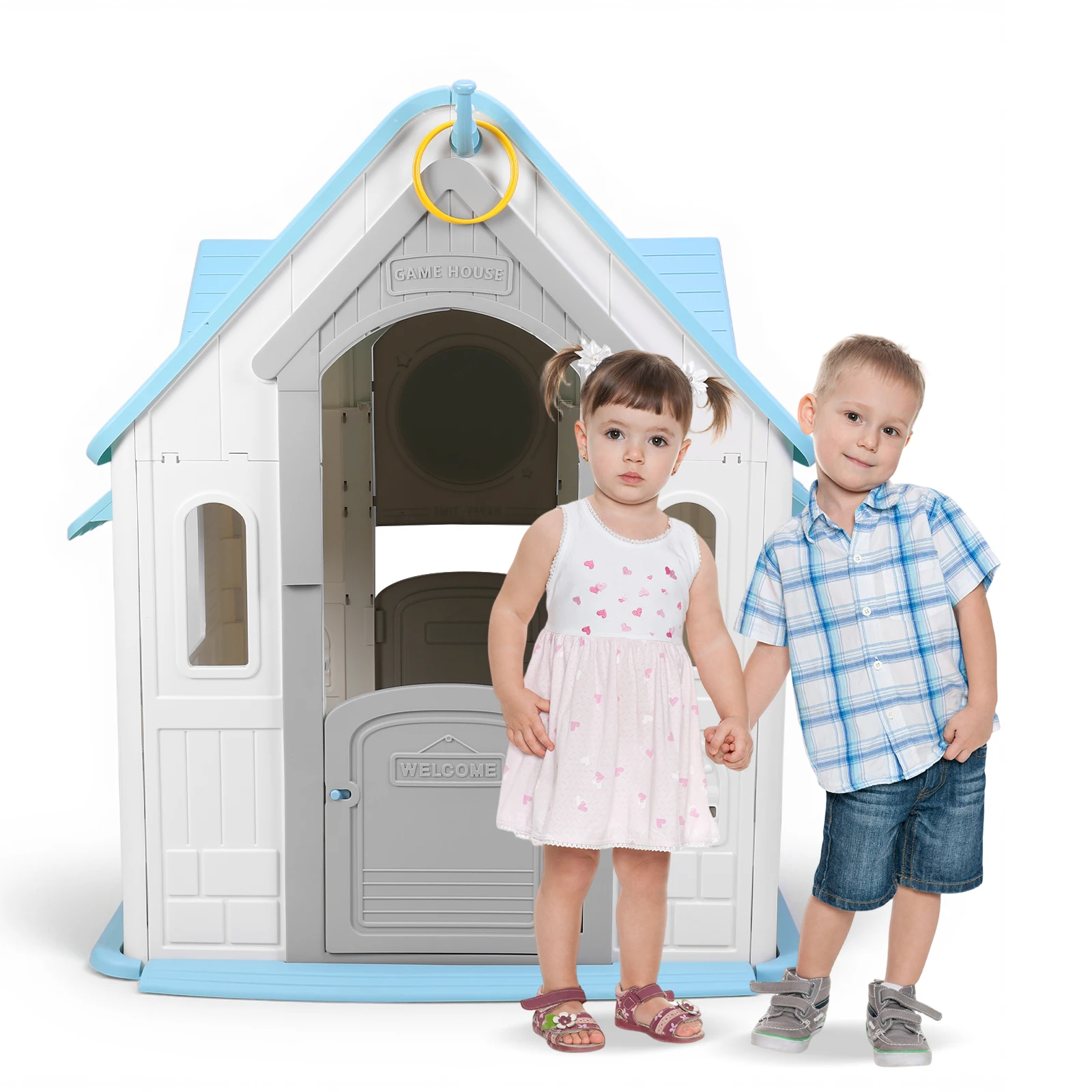 Kids Playhouse with Basketball Hoop Dartboard Garden Games Cottage (Light Blue)
Kids Playhouse with Basketball Hoop Dartboard Garden Games Cottage (Light Blue)