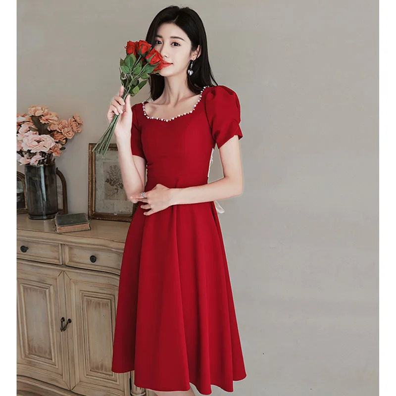 French Elegant Evening Dress Sweet Pearl Decorated Vintage Square Neck Sexy Waistless Bow Knee-Length Birthday Party Dresses
French Elegant Evening Dress Sweet Pearl Decorated Vintage Square Neck Sexy Waistless Bow Knee-Length Birthday Party Dresses