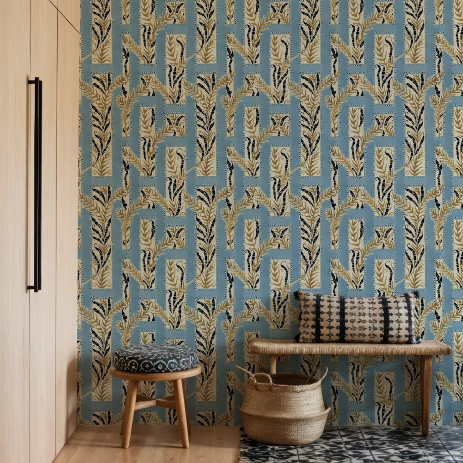 Custom mural with geometric stripes, fern plant leaves, wallpaper in red and blue, cream colored, living room, bedroom murals
Custom mural with geometric stripes, fern plant leaves, wallpaper in red and blue, cream colored, living room, bedroom murals