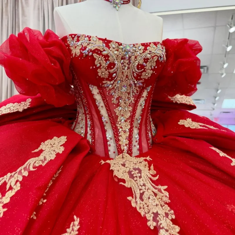 Red Quinceanera Dress off-shoulder Golden Glitter Crystal Decal Layering tail Bow vestidos de 15 Quinceanera Customize
Red Quinceanera Dress off-shoulder Golden Glitter Crystal Decal Layering tail Bow vestidos de 15 Quinceanera Customize