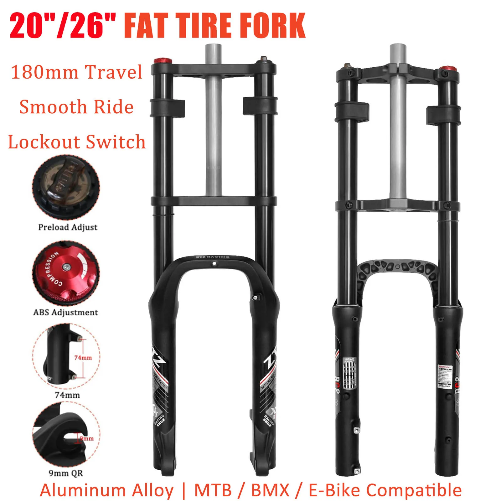 20/26×4.0 Inch Fat Tire Oil Spring Suspension Fork 180mm Travel 135mm Hub 9mm QR Double Crown Shock Front Fork for Fat Snow Beach Electric Bikes
20/26×4.0 Inch Fat Tire Oil Spring Suspension Fork 180mm Travel 135mm Hub 9mm QR Double Crown Shock Front Fork for Fat Snow Beach Electric Bikes