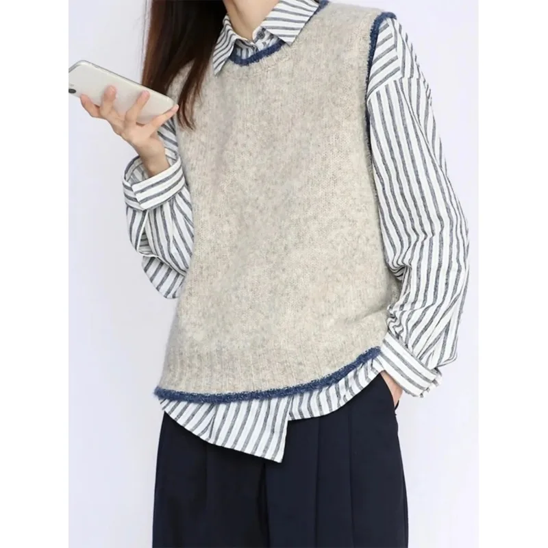 Женская весенне-осенняя рубашка-жилет 2-в-1 в полоску с контрастной бахромой, повседневный свободный вязаный жилет без рукавов
Женская весенне-осенняя рубашка-жилет 2-в-1 в полоску с контрастной бахромой, повседневный свободный вязаный жилет без рукавов