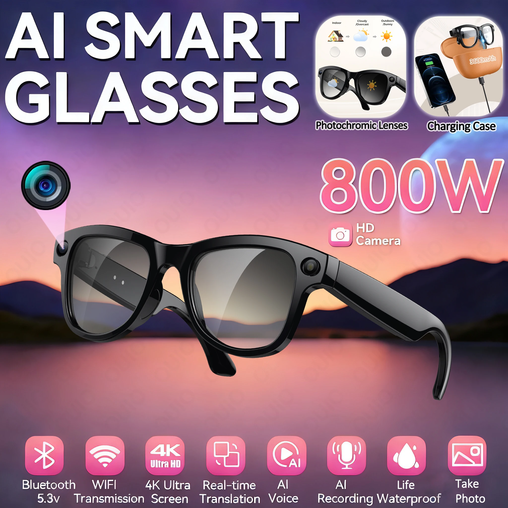 New Intelligent AI Glasses 800W Pixel Camera Video Recording AI Voice Translation Music WIFI Transmission BT Call Smart Glasses
New Intelligent AI Glasses 800W Pixel Camera Video Recording AI Voice Translation Music WIFI Transmission BT Call Smart Glasses