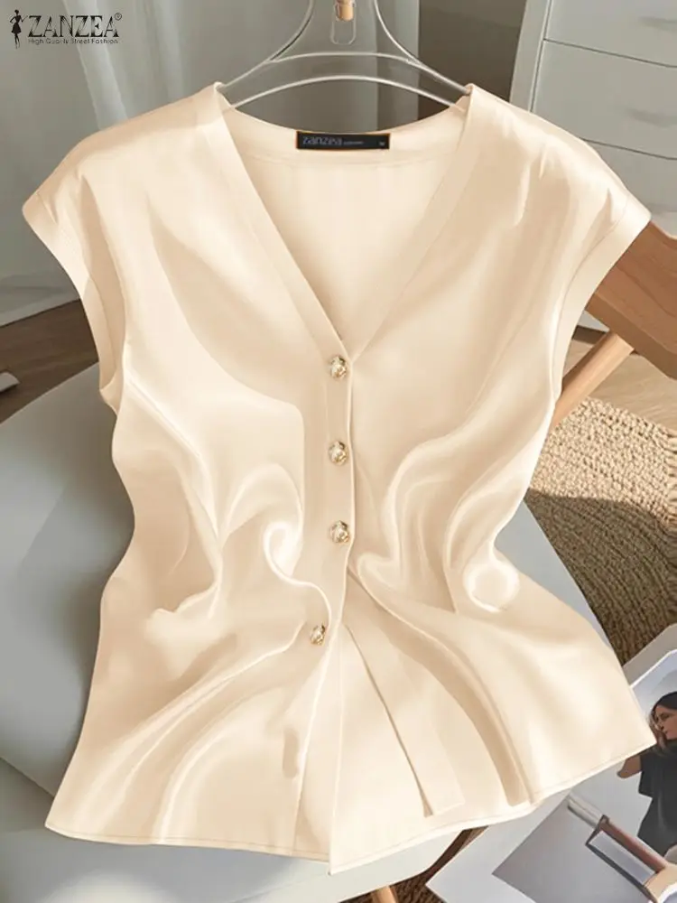 ZANZEA Elegant Shiny Satin Women's Blouses Stylish V-Neck Short Cap Sleeve Button Up Solid Color Shirts Office Commuting Clothes
ZANZEA Elegant Shiny Satin Women's Blouses Stylish V-Neck Short Cap Sleeve Button Up Solid Color Shirts Office Commuting Clothes