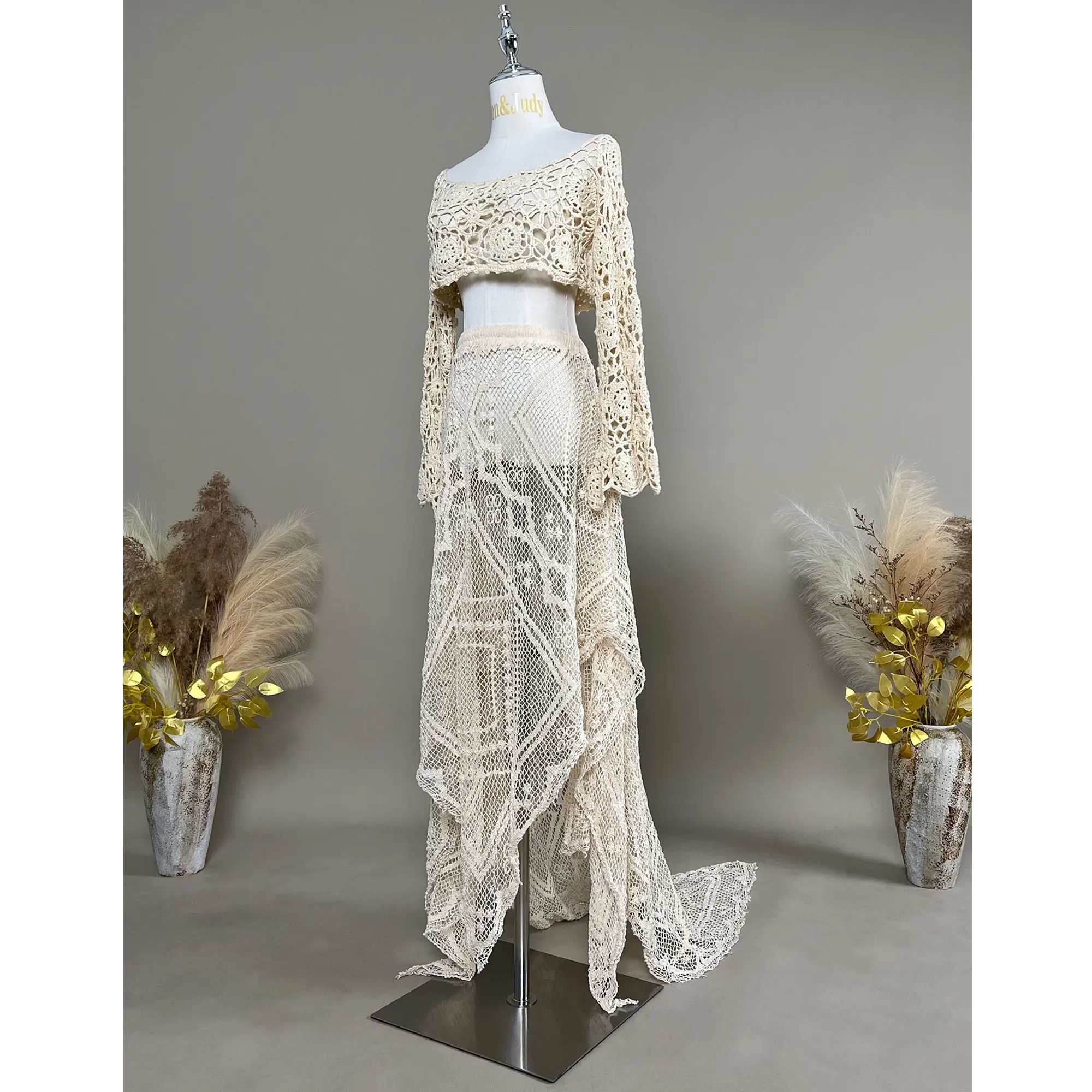 Don&Judy Asymmetrical Lace Skirt Sheer Handmade Boho Crochet Long Sleeve Crop Top for Baby Shower Photoshoot Maternity Gown
Don&Judy Asymmetrical Lace Skirt Sheer Handmade Boho Crochet Long Sleeve Crop Top for Baby Shower Photoshoot Maternity Gown