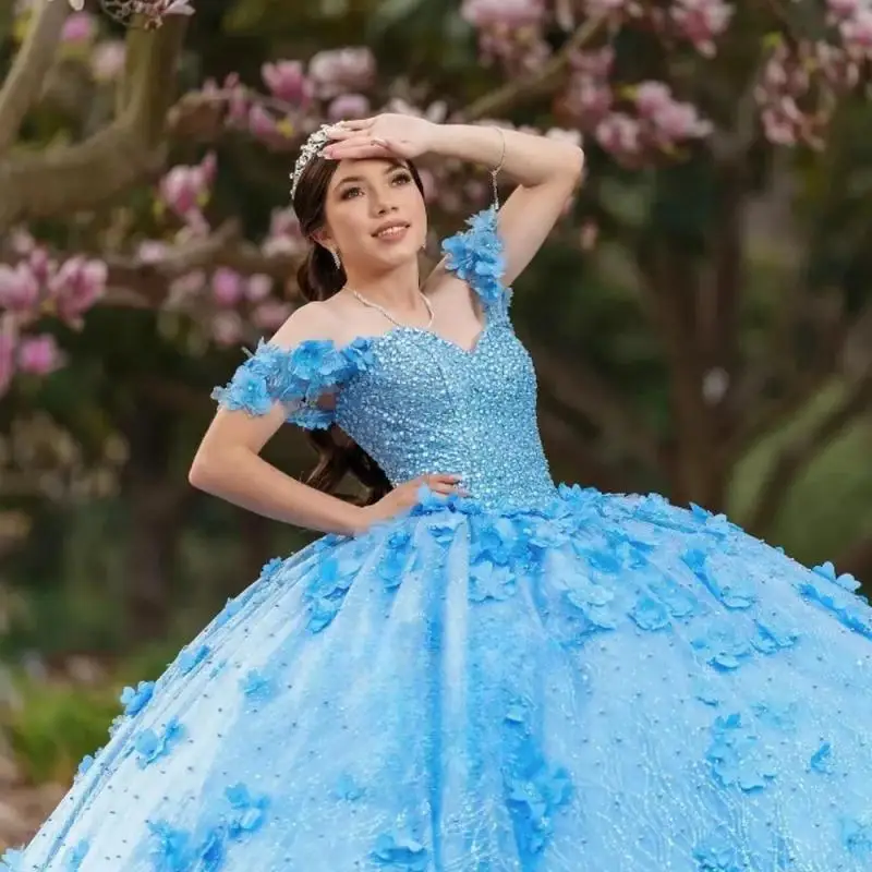 Customized Sky Blue Glamorous Quinceanera Dresses Appliques Beads Off the Shoulder Lace up Vestidos De 15 Anos De Dos Piezas
Customized Sky Blue Glamorous Quinceanera Dresses Appliques Beads Off the Shoulder Lace up Vestidos De 15 Anos De Dos Piezas