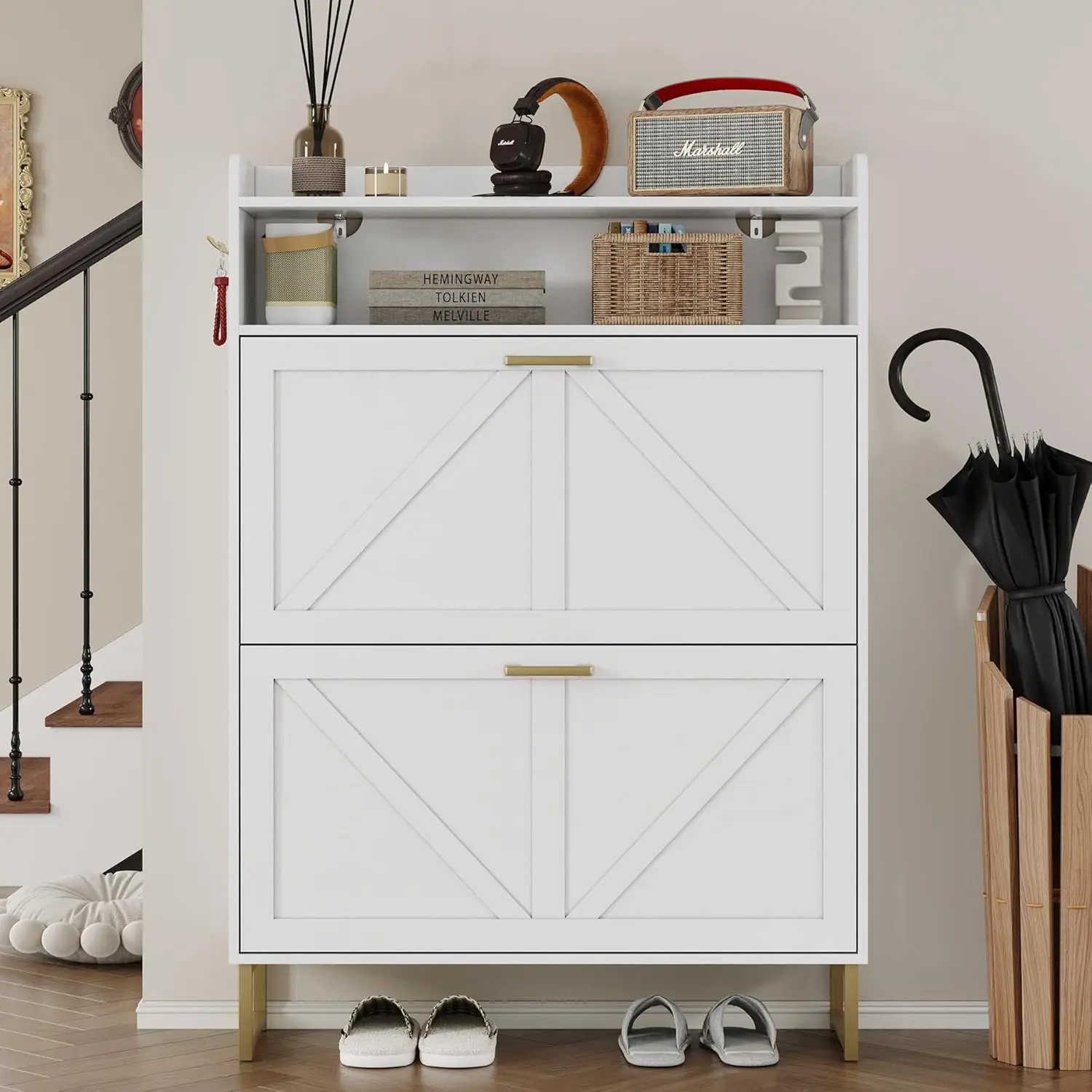 Shoe Cabinet with 2 Flip Drawers Narrow Shoe Storage Cabinet Organizer Wooden Freestanding Shoe Rack Hidden Slim Storage Cabinet 
Shoe Cabinet with 2 Flip Drawers Narrow Shoe Storage Cabinet Organizer Wooden Freestanding Shoe Rack Hidden Slim Storage Cabinet
