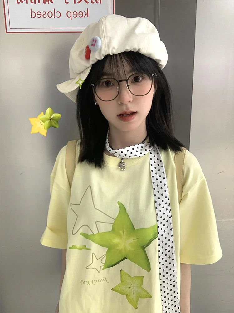 Dopne Fruit Print ort Sve Женская футболка из хлопка Лето Новый дизайн Желтый чистый хлопок Свободный крой круглый топ Ne
Dopne Fruit Print ort Sve Женская футболка из хлопка Лето Новый дизайн Желтый чистый хлопок Свободный крой круглый топ Ne