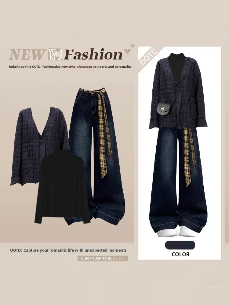 Loose Diamond Pattern Cotton Jacket Overlap Base Shirt Wide Leg Jeans Set High Fashion Autumn Winter Clothing Ensemble
Loose Diamond Pattern Cotton Jacket Overlap Base Shirt Wide Leg Jeans Set High Fashion Autumn Winter Clothing Ensemble