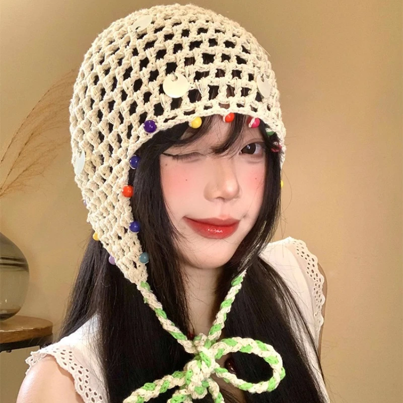 Niche Hand-woven Bead Sequins Strawberry Straps Hollow Pullover Beanie Cap Women Spring and Autumn Thin Knitting Bomber Hats
Niche Hand-woven Bead Sequins Strawberry Straps Hollow Pullover Beanie Cap Women Spring and Autumn Thin Knitting Bomber Hats