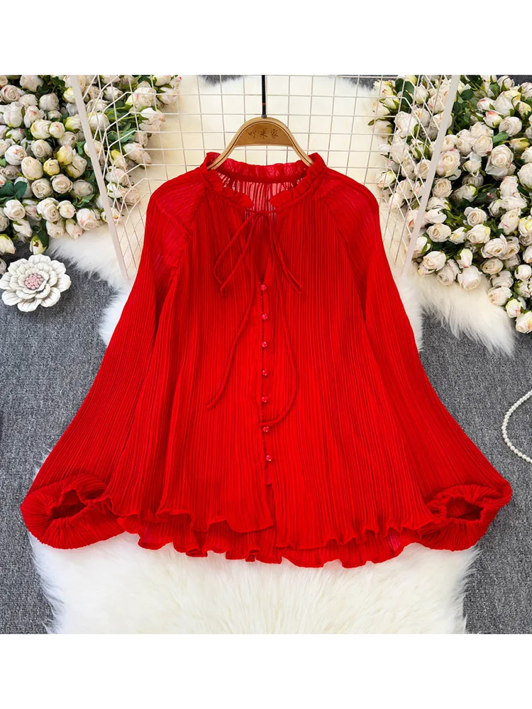 Women Spring Shirt French Solid Color Elegant Pleated Lantern Sleeves Tied Black Fungus Edge Shirt Loose Elegant Top BL093
Women Spring Shirt French Solid Color Elegant Pleated Lantern Sleeves Tied Black Fungus Edge Shirt Loose Elegant Top BL093