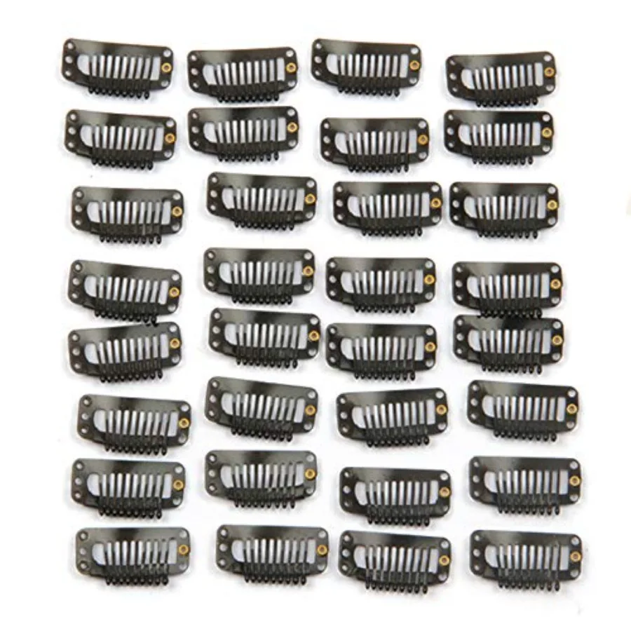 Hair extension clips for DIY wigs and toupees, stainless steel, black, 30pcs, 9-teeth, 32mm, lightweight 1.2g/pc
Hair extension clips for DIY wigs and toupees, stainless steel, black, 30pcs, 9-teeth, 32mm, lightweight 1.2g/pc