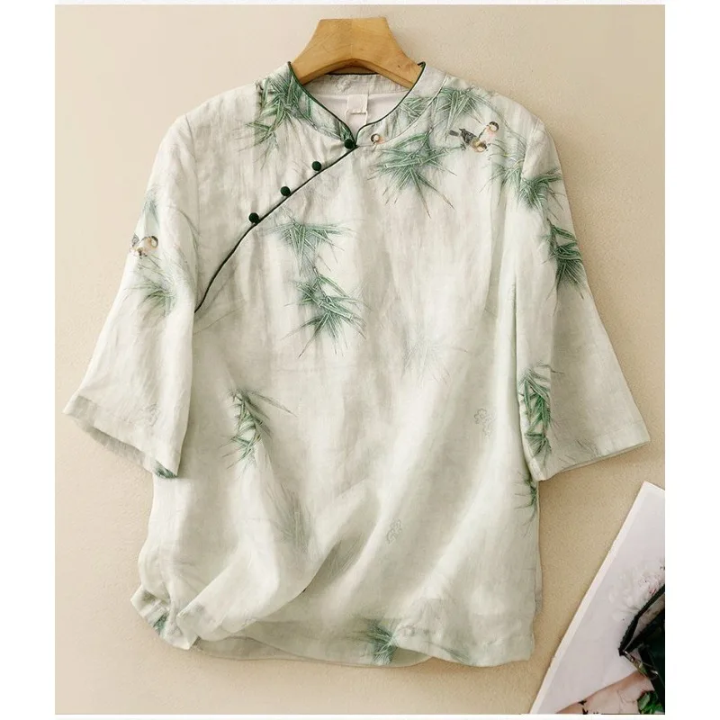 Women's New Chinese Style Linen Cotton Blouse Mandarin Collar Frog Button Printed 3/4 Sleeve Casual Tea Wear
Women's New Chinese Style Linen Cotton Blouse Mandarin Collar Frog Button Printed 3/4 Sleeve Casual Tea Wear