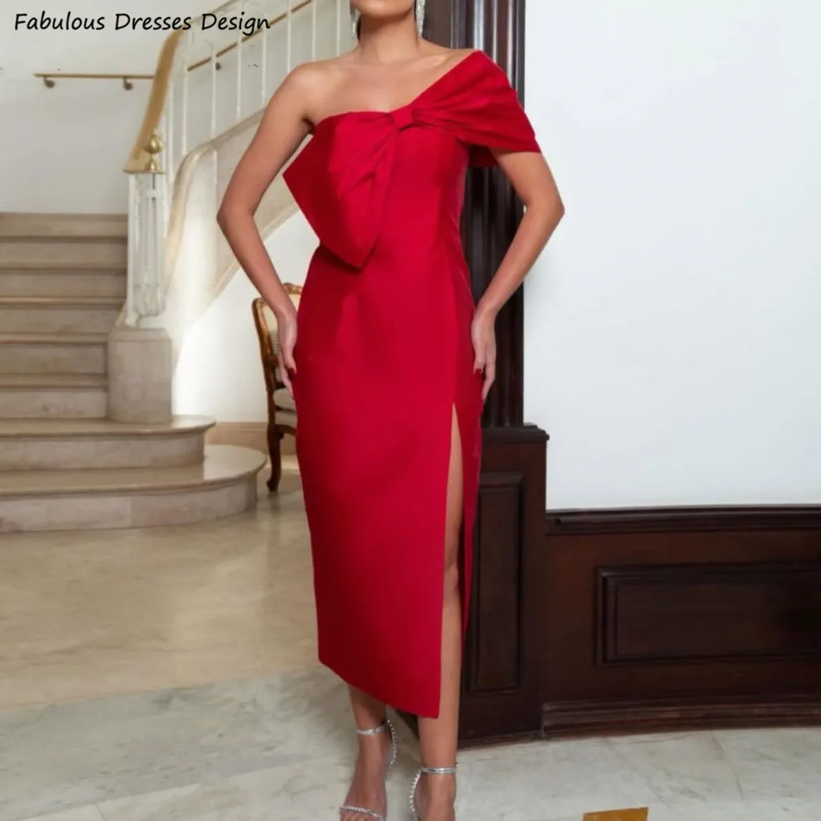 Red One Shoulder Bridesmaid Dresses Tea Length Mermaid Slit Backless Wedding Guests Dress Bow Prom Party Gown
Red One Shoulder Bridesmaid Dresses Tea Length Mermaid Slit Backless Wedding Guests Dress Bow Prom Party Gown