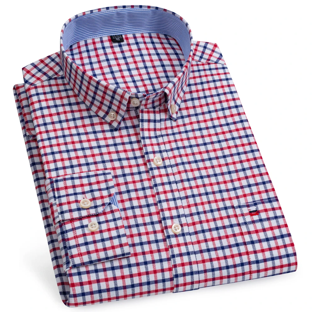 Men 100% Cotton Long Sleeve Plaid Oxford Shirt with Button-Down Collar, Casual Color-Contrast Inner Lining & Embroidered Pocket
Men 100% Cotton Long Sleeve Plaid Oxford Shirt with Button-Down Collar, Casual Color-Contrast Inner Lining & Embroidered Pocket