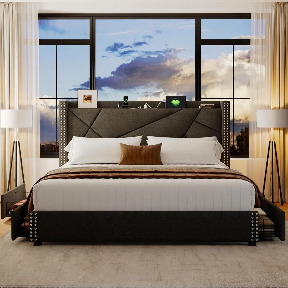 Upholstered King Size Bed Frame with 4 Storage Drawers, Platform Bed Frame with Charging Station, Storage Bed King
Upholstered King Size Bed Frame with 4 Storage Drawers, Platform Bed Frame with Charging Station, Storage Bed King
