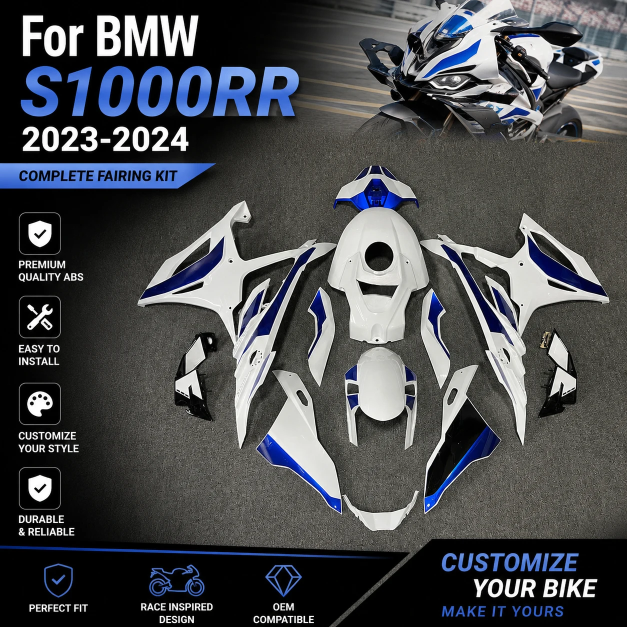 Custom Fairing Kit for BMW S1000RR 2023-2024 S 1000RR Painted DIY ABS Plastic Injection Mold Complete Bodywork Cowls Sport Bike
Custom Fairing Kit for BMW S1000RR 2023-2024 S 1000RR Painted DIY ABS Plastic Injection Mold Complete Bodywork Cowls Sport Bike