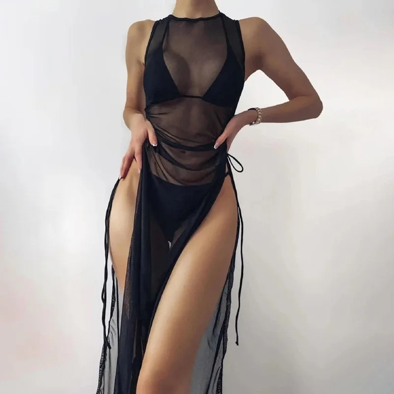 O-Neck Side High Split Shirring Cover Up Sexy Dress Women Mesh Sleeveless Sunscreen solid Trikini for Vacation Beach Wear Dress
O-Neck Side High Split Shirring Cover Up Sexy Dress Women Mesh Sleeveless Sunscreen solid Trikini for Vacation Beach Wear Dress