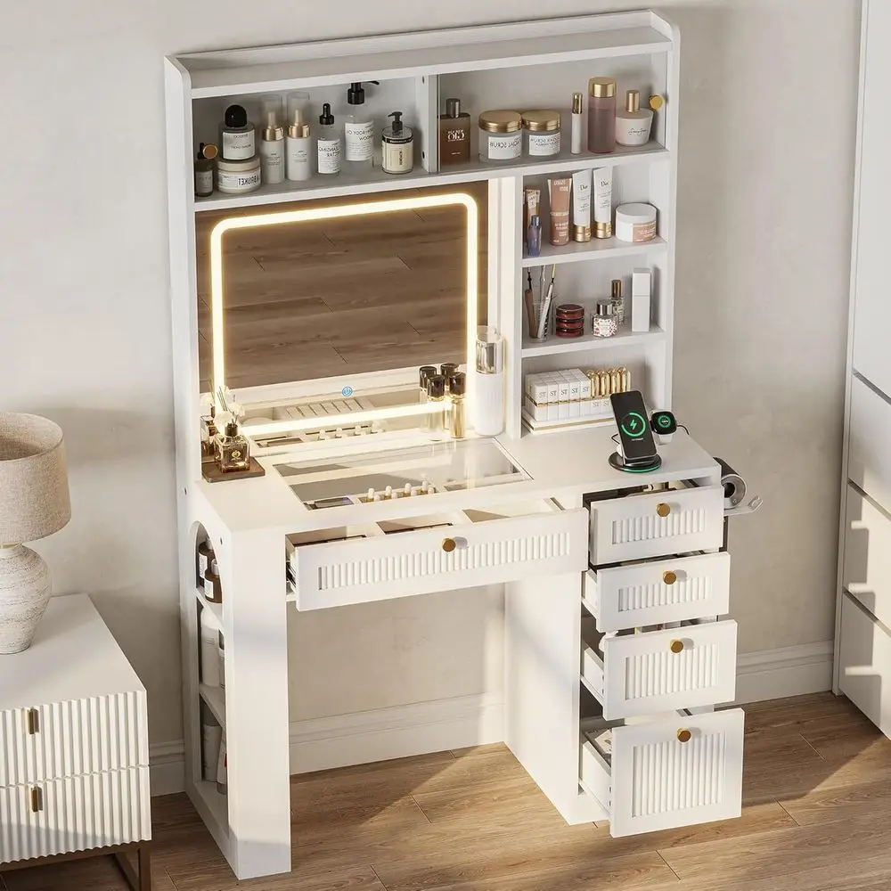 Lighted Makeup Vanity Desk with Glass Top, Charging Station, Hair Dryer Holder, 4 Drawers & Open Shelves, 63 High, White
Lighted Makeup Vanity Desk with Glass Top, Charging Station, Hair Dryer Holder, 4 Drawers & Open Shelves, 63 High, White
