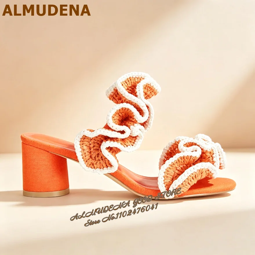 ALMUDENA Orange Ruffled Slide Sandals Chunky Heel Mules Open Toe Knitted Block Heel Summer Bohemian Beach Slippers
ALMUDENA Orange Ruffled Slide Sandals Chunky Heel Mules Open Toe Knitted Block Heel Summer Bohemian Beach Slippers