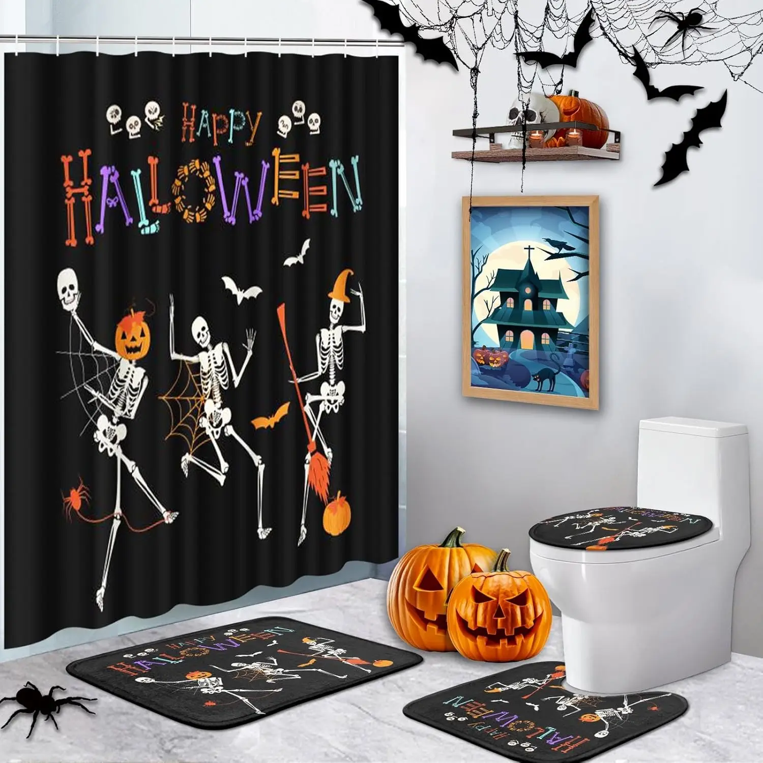 4 шт. Наборы занавесок для душа, водонепроницаемые наборы для ванной комнаты с тыквой и летучей мышью «Счастливый Хэллоуин» с нескользящими ковриками, крышкой для унитаза и ковриком для ванной
4 шт. Наборы занавесок для душа, водонепроницаемые наборы для ванной комнаты с тыквой и летучей мышью «Счастливый Хэллоуин» с нескользящими ковриками, крышкой для унитаза и ковриком для ванной