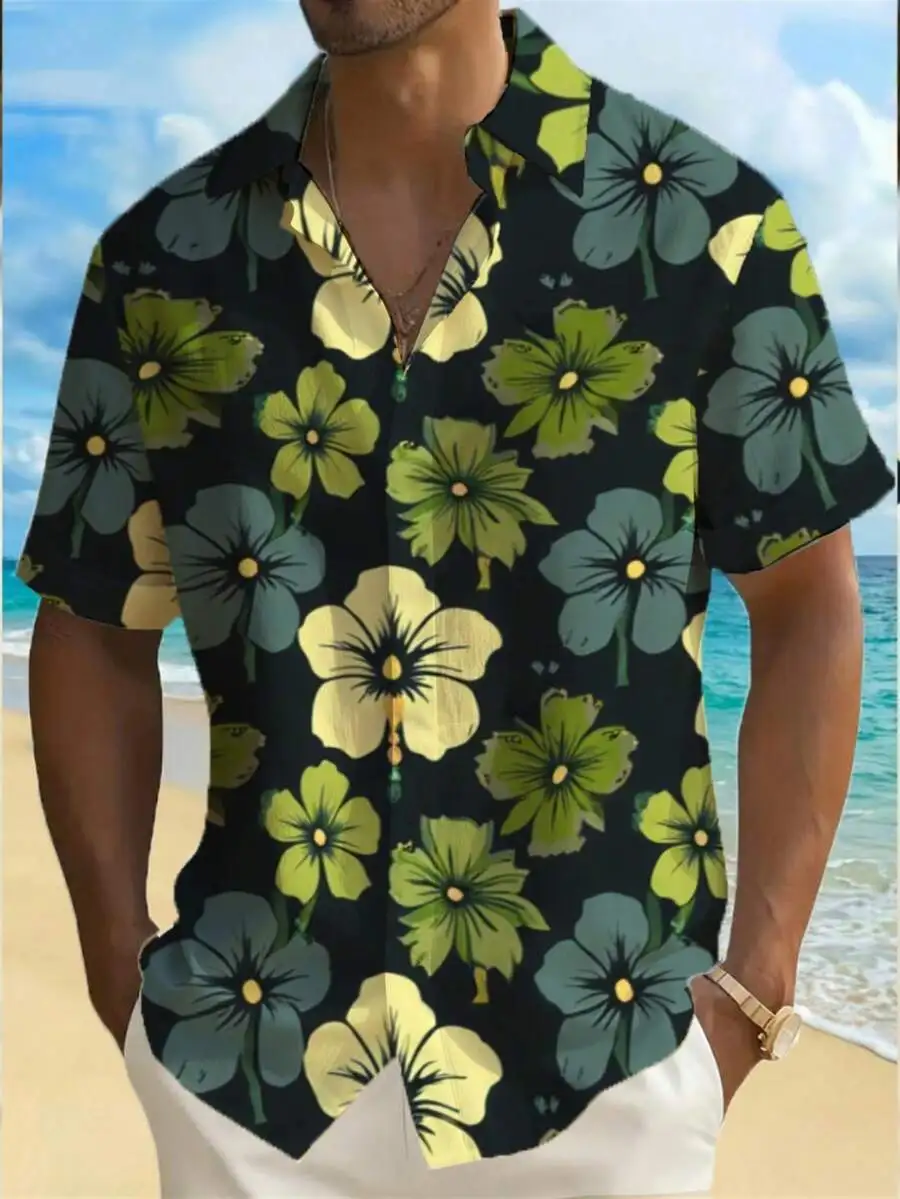 Mens Hawaiian Shirt With Green Yellow Tropical Hibiscus Floral Print For Beach Vacation Casual Wear
Mens Hawaiian Shirt With Green Yellow Tropical Hibiscus Floral Print For Beach Vacation Casual Wear