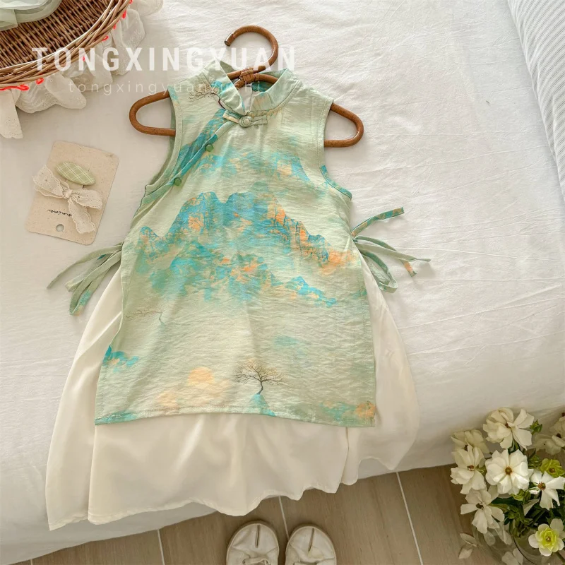 Western Style Girls Cheongsam Summer New Children's Chinese Printing Dress Baby Girl Chinese Style Dress 
Western Style Girls Cheongsam Summer New Children's Chinese Printing Dress Baby Girl Chinese Style Dress